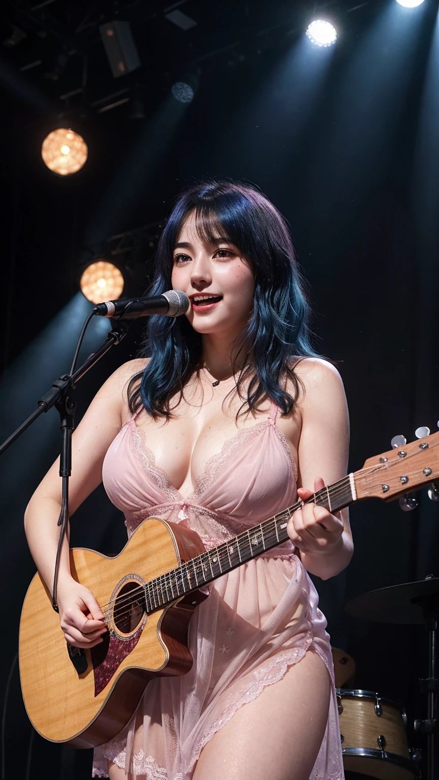 ((best quality)), photorealistic, photorealism, Photorealistic, high resolution, ((Wearing pink ???? lace night gown))、((??????, no panties))、A superb beauty、Super cute、ennui、Rare beauty、Very Short hair、Black Dark Eyeshadow、Sad、white skin、pale skin, Very short hair、Dark Gothic Makeup、Cute Smile、Fragrant beauty、Stained glass background、Mastepiece、Best Quality、Refers to 5 books、Sweat glistening on my ?????、Sweat glistening on my face、?????????????、Blue hair、Age 20 years old、Mysterious look、A sad expression、Blue Hair、Glamorous concert stage、enchanting castle、Sweating profusely all over the body、A lot of sweat and light on the thighs、Shiny thighs、Plenty of sweat glistening on the thighs、A large amount of sweat glistens on my thighs、Sweating profusely、Gal、?????????????、Beautiful face、Alluring expression、Thick thighs、Playing electric guitar、I have an electric guitar、Sing a song enthusiastically、Playing guitar in a band、Rock band、Playing guitar chords、Live House Background、Sing a song、Open your mouth、Live house scenery、Mike stand、Glamorous live stage、Dynamic Angle、cinematic lighting