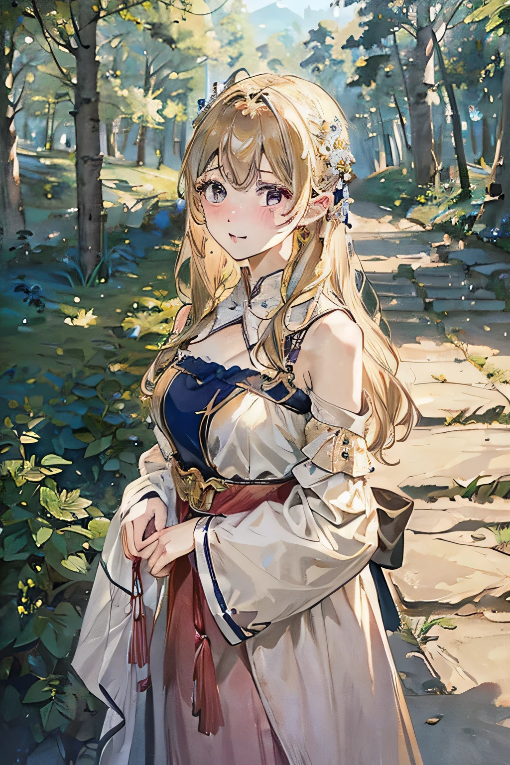 Highest quality、masterpiece、Two people、Blonde、Gazing at each other、Beauty Fair skin、Camisole dress、Blushing、Different world、in the forest