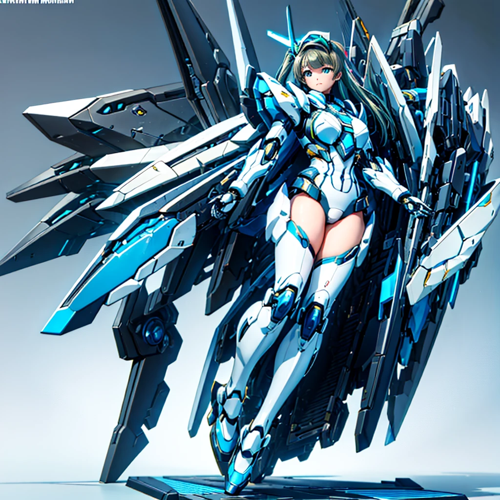 masterpiece, high quality, Cyborgization、Gynoid Cyborg Body、The face is of Minami Kotori.、mechanical parts、Blue and white leotard armor、solo focus、Single image、from front, full body、Mechabare、damage、The body is destroyed, exposing the precision machinery、Barcode on thigh