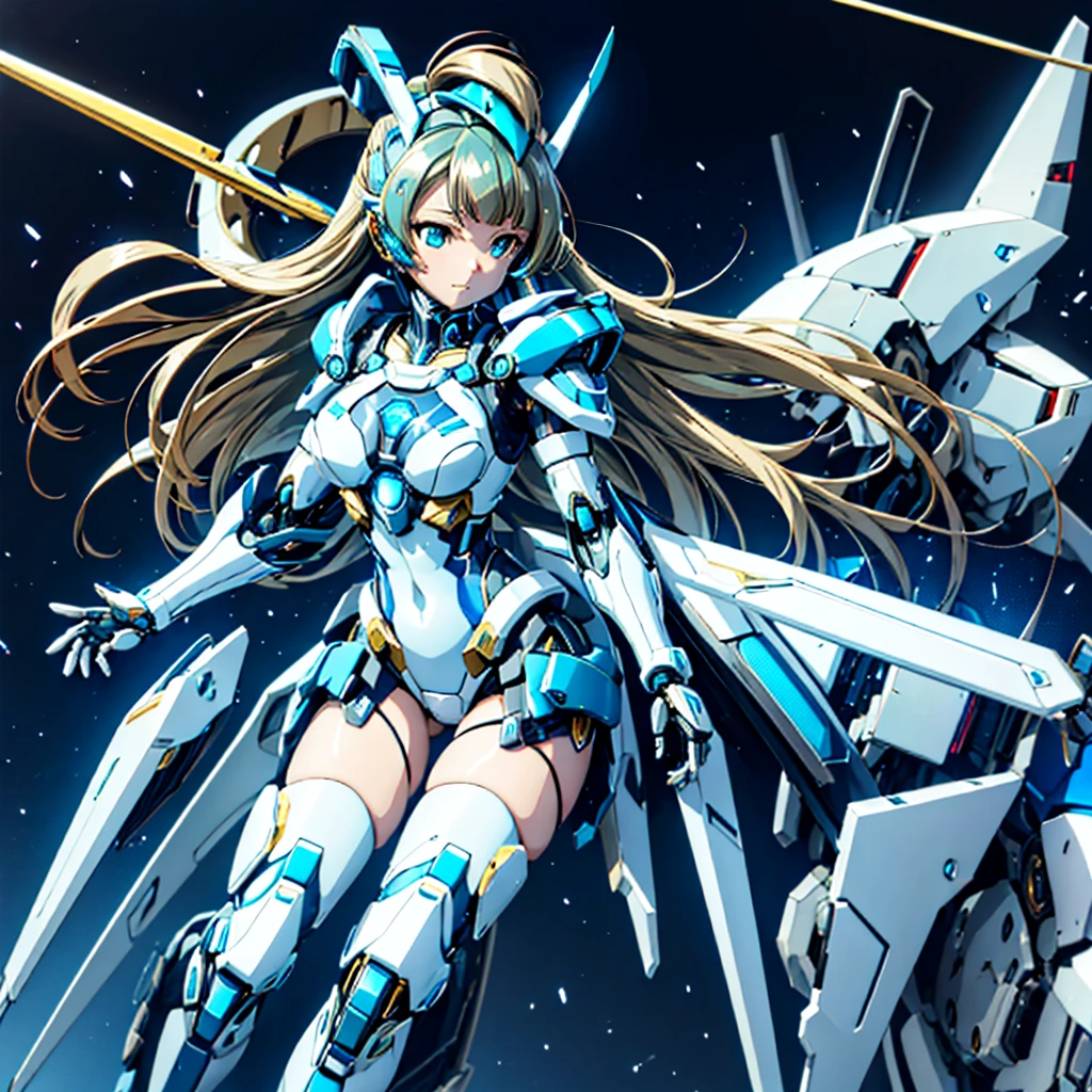 masterpiece, high quality, Cyborgization、Gynoid Cyborg Body、The face is of Minami Kotori.、mechanical parts、Blue and white leotard armor、solo focus、Single image、from front, full body、Mechabare、damage、The body is destroyed, exposing the precision machinery、Barcode on thigh
