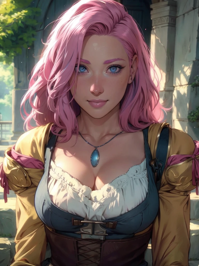 solo, (((Madeleine))), ((debannwoll)), attractive female face, blue eyes, ((pink hair)), ((hair over one eye)), intense happiness expression, smile, dress, cleavage, necklace, large breasts, corset, long sleeves, a necklace around her neck, outdoors, marketplace, fantasy, | (8k, RAW photo, best quality, masterpiece:1.2), ultra-detailed, (high detailed skin:1.2), 8k uhd, dslr, soft lighting, high quality, (centered:1.2), ((LOOKING at the VIEWER)), asura, film grain, highly detailed shading, ((perfect_hands):1), Goodhands-beta2, Detailed eyes, perfect face, perfect eyes, Detailed face, ((a manga drawing by Kentaro Miura)),