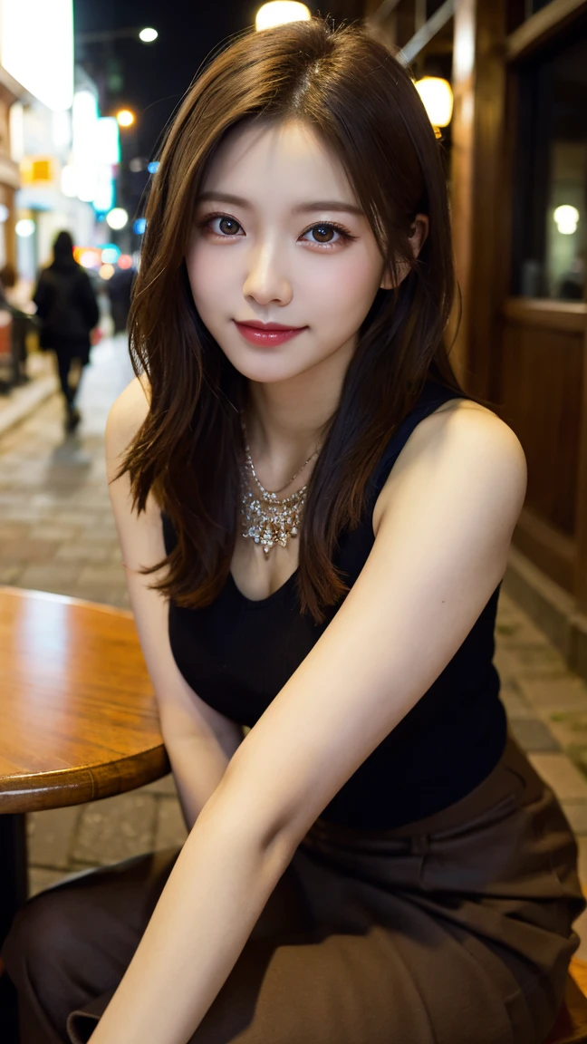 highest quality, masterpiece, 8K, ultra high resolution, (realistic: 1.4), beautiful face, symmetrical eyes, Japanese, brown hair, smile, wearing makeup, high-definition images, atmospheric perspective, super detail, accurate, best quality, (angle from under the table), a Japanese lady, drooping eyes, sleepy face, blush, in streets of old town the Cracow in Poland, skirt, high boots, necklace, day scene