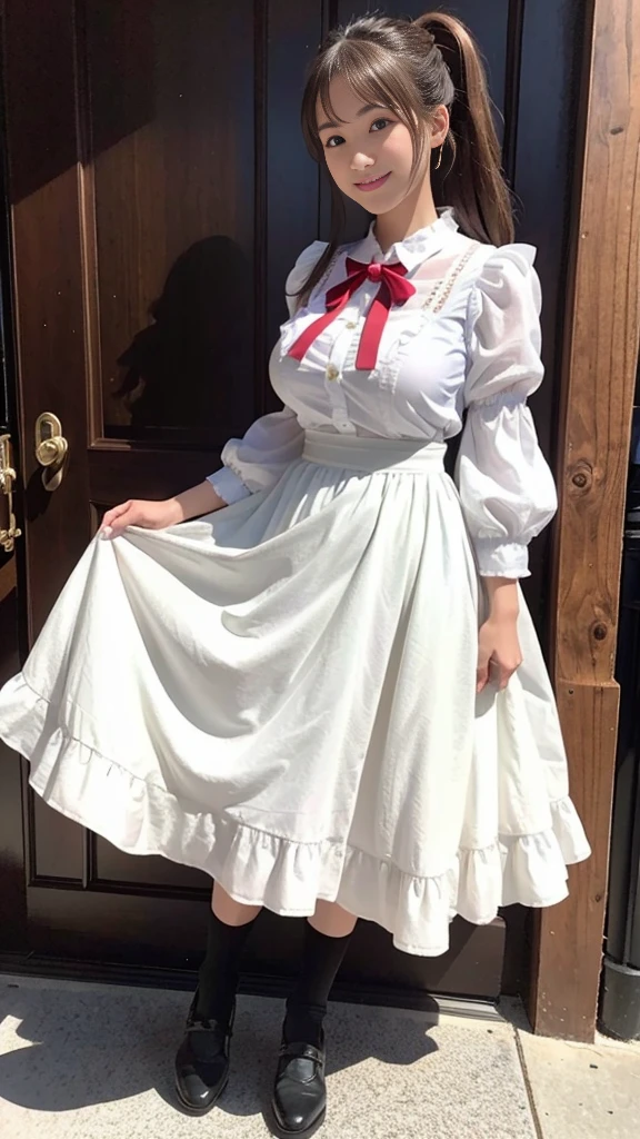 Highest quality、超A high resolution、(Photorealistic:1.5)、1 girl、(Brown Hair:1.2)、(Big Breasts:1.2)、Whole Body Ezbian、Coffee shop、Cafe、Smile、Bad Eyes、(Fascinating), ((exciting: 1.5)),Frillsメイドヘッドバンド, ponytail, Braided hair, Frillsブラウス, Ribbon tie, apron, Long skirt, Puff sleeves, White silk ankle socks,Frills,