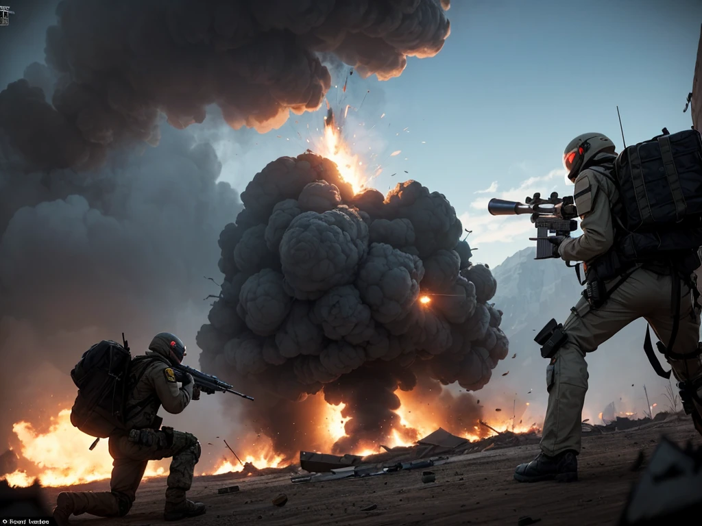 A sniper in an mech-suit with an overly large sniper rifle taking shots at enemies in the distance. you can see the destruction caused by the sniper, explosions, smoke billowing off in the distance. High tech rifle, high tech exo suit