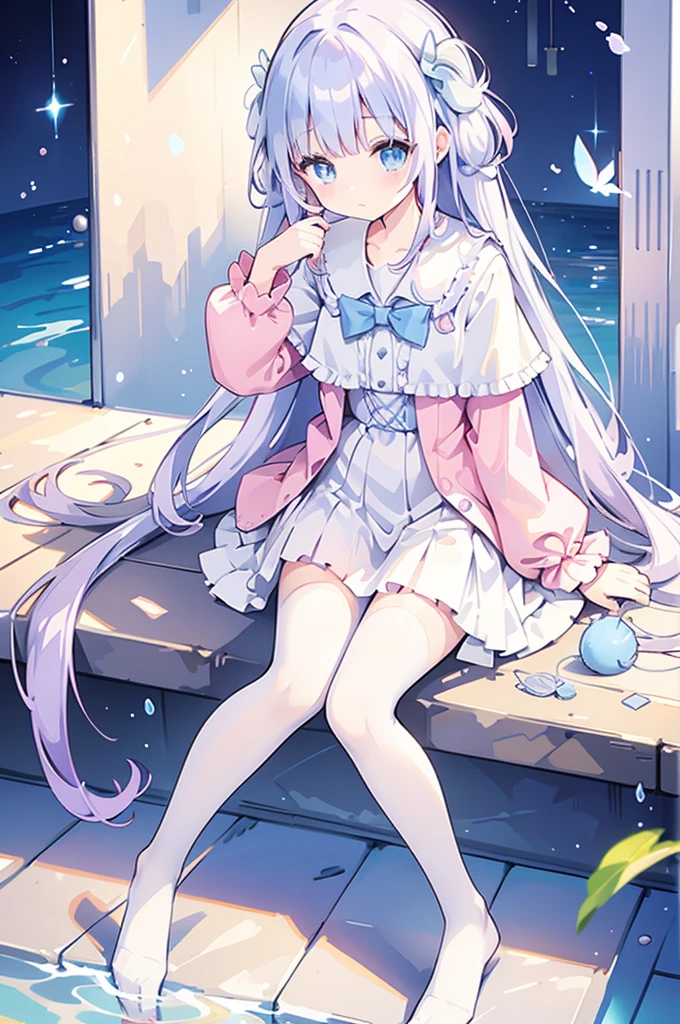 A magical girl with a mermaid motif、Highest quality、Loriータ、Confused eyes、Primary school students、Third grade elementary school student、small、Lori、Young Girl、Water Manipulation Magic、Magical girl who controls water、beautiful girl、cute、Full-body portrait、light blue、Have a koto、Playing the lyre、Clear eyes、pose、Magic Exercises