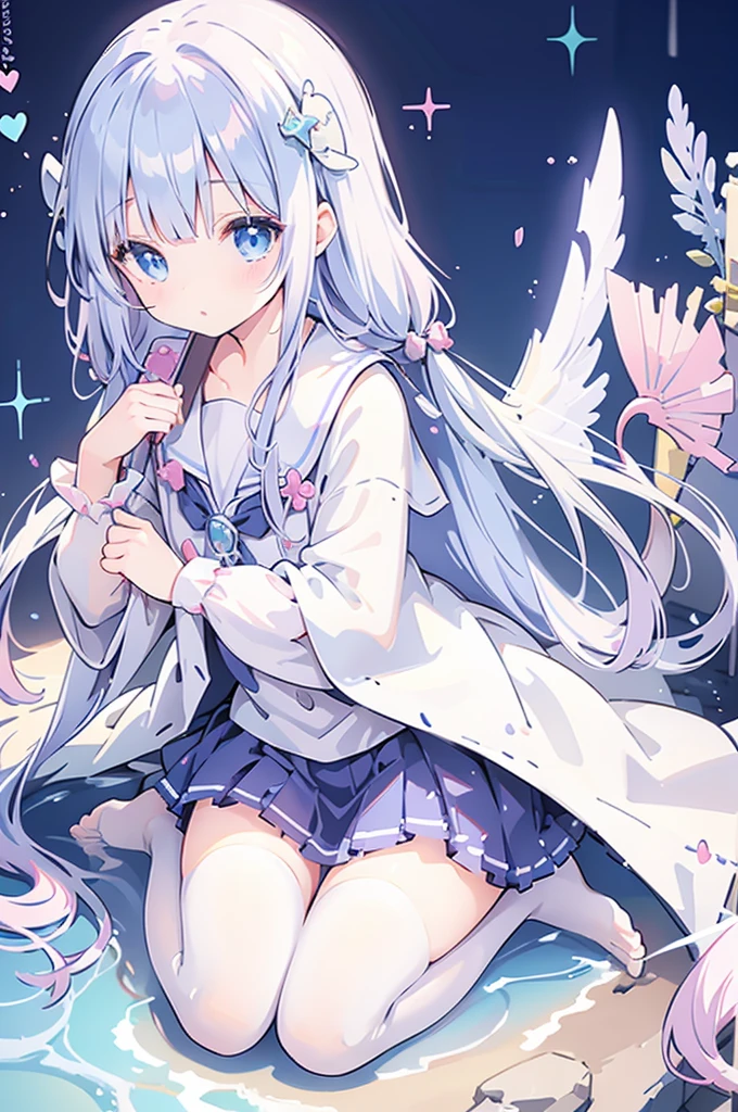 A magical girl with a mermaid motif、Highest quality、Loriータ、Confused eyes、Primary school students、Third grade elementary school student、small、Lori、Young Girl、Water Manipulation Magic、Magical girl who controls water、beautiful girl、cute、Full-body portrait、light blue、Have a koto、Playing the lyre、Clear eyes、pose、Magic Exercises