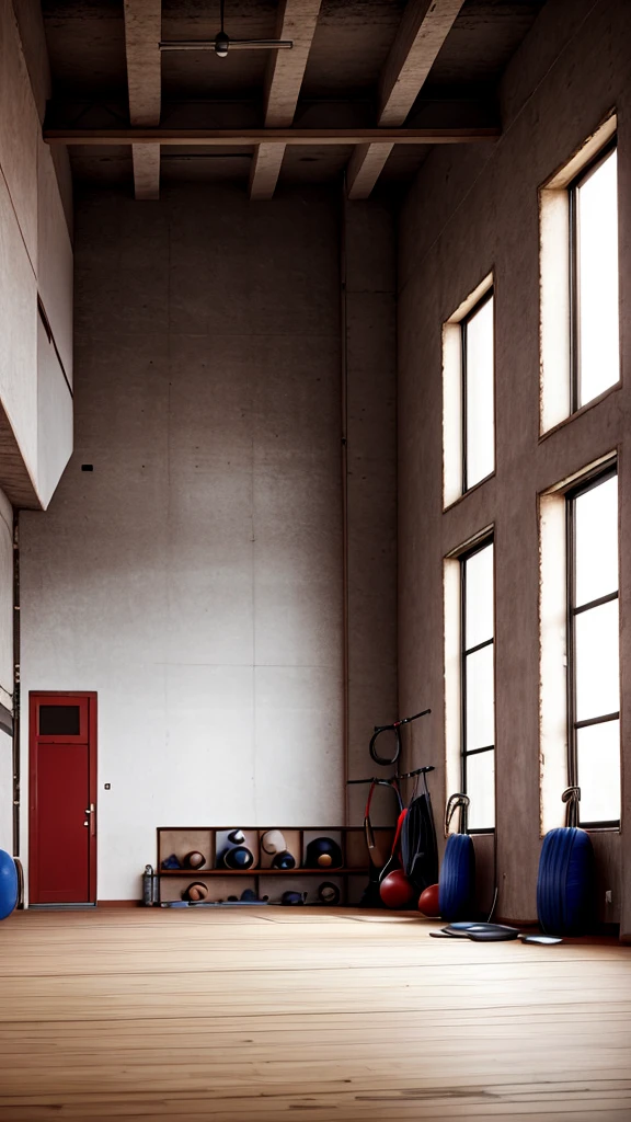 An empty boxing gym with no people, and the boxer's racket is in the middle of the hall 