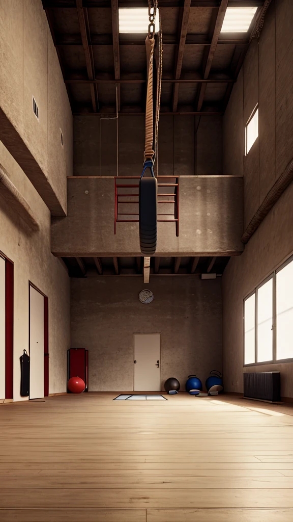 An empty boxing gym with no people, and the boxer's racket is in the middle of the hall