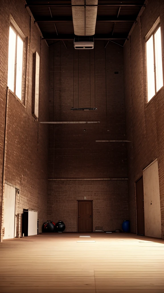 An empty boxing gym with no people, and the boxer's racket is in the middle of the hall