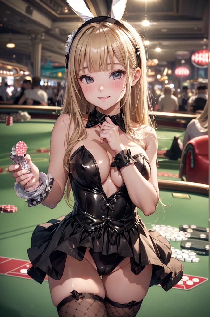 Absurd, Super detailedな,(In 8K:1.3),Masseter muscle area,(masterpiece:1.2)、(Highest quality)、4K、Super detailed、(Movement Structure:1.4)、(Shining Lights、Atmosphere lighting), High resolution, Best Quality、(One girl:1.4),Super detailedな,Bright colors、Treebreak Production Art、(Warm color light source:1.2),High-level image quality、Fine image quality、Intricate details,Volumetric Lighting,Realism BREAK、Profile、 Idol face、、Very beautiful face and eyes, Beautiful images、 natural make up、big eyes、 (Big Tits:1.1)、 (glossy skin :1.5)、 ( blonde hair,blunt bangs、straight hair:1.2), (smile:1.4), Eye color: Dark black 、 (Bunny girl:1.5)、rabbit ears、Fishnet tights、corset、 Plump thighs、 (casino:1.5) 、 (Baby Face:1.4)、