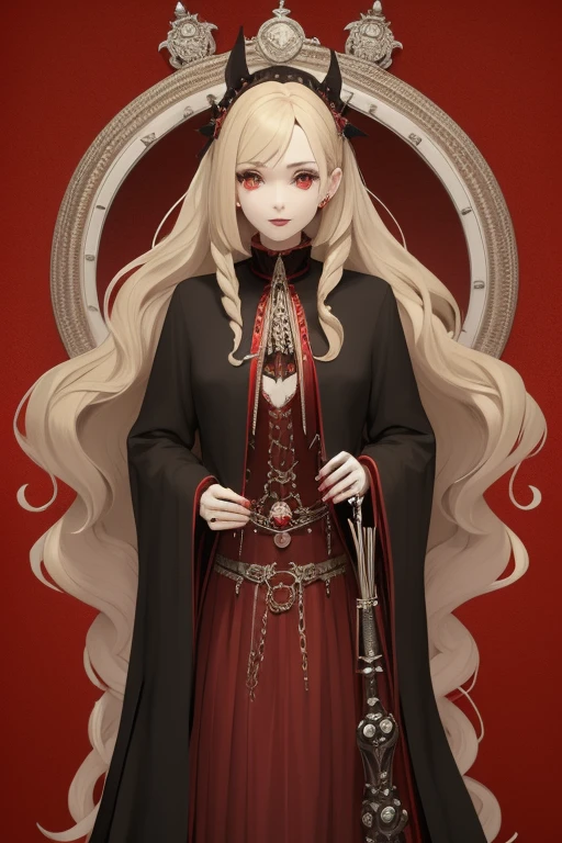 Emma Roberts 20s Vampire long curly blonde hair pointed ears red eyes Gothic priestess clothing black vintage decorations Steampunk holding a staff with a sphere of blood looking straight at the viewer red background