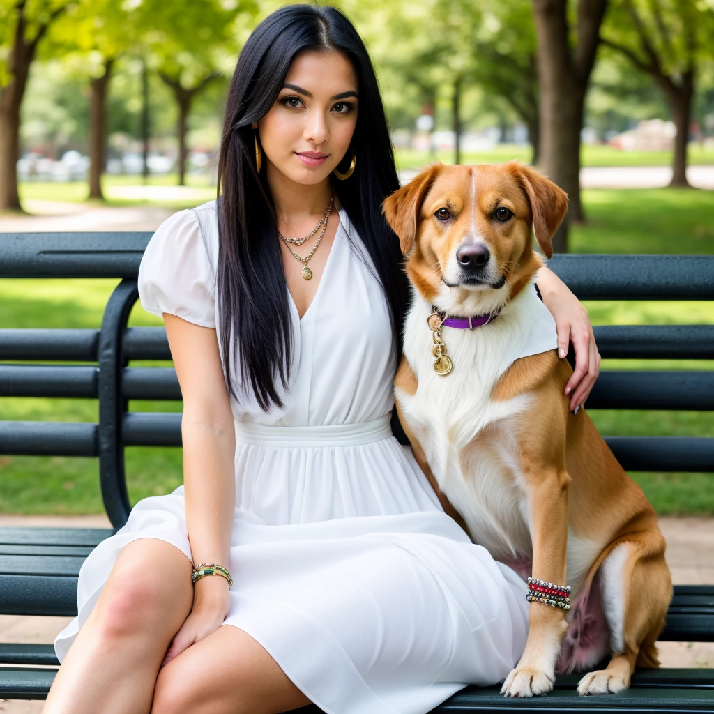 A woman, Natural light, professional, (sitting on a park bench with a dog on top of her leg that matches her beauty), (4k photo: 1.1) (sharp focus: 1.3), High detail, detailed beautiful face, green eyes, with big breasts and big ass, Long black hair, (attractive young woman:1.3), (seductive:1.1), (blush:1.1), Athletic body shape,   A girl with earrings, bracelets and necklace, wearing a white dress