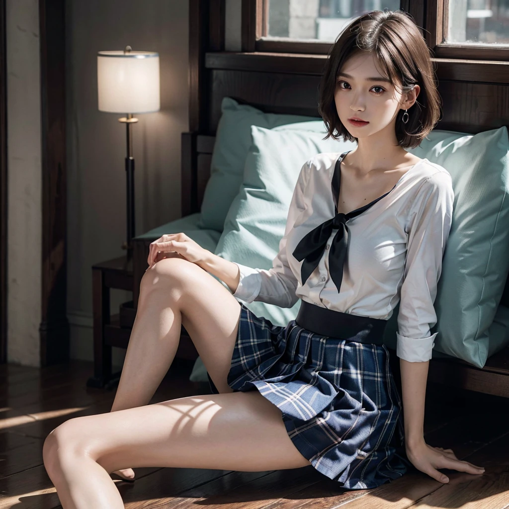 absurdres, RAW photo, extremely delicate and beautiful, masterpiece, Best Quality, ultra high resolution, 16k, hyperrealistic, ultra-detailed, perfect anatomy, super Detailed skin, perfect figure, Very detailed CG 8k wallpaper, in her 20s, very Slim body, narrow waist, very small head, very small face, delicate facial features, tearful mole, earring, thin legs, bare legs, (very huge round breasts), girls, ((full body shot)), short hair, wavy hair, ((school uniform)), plaid pleated skirt, pale blue button-down shirt,