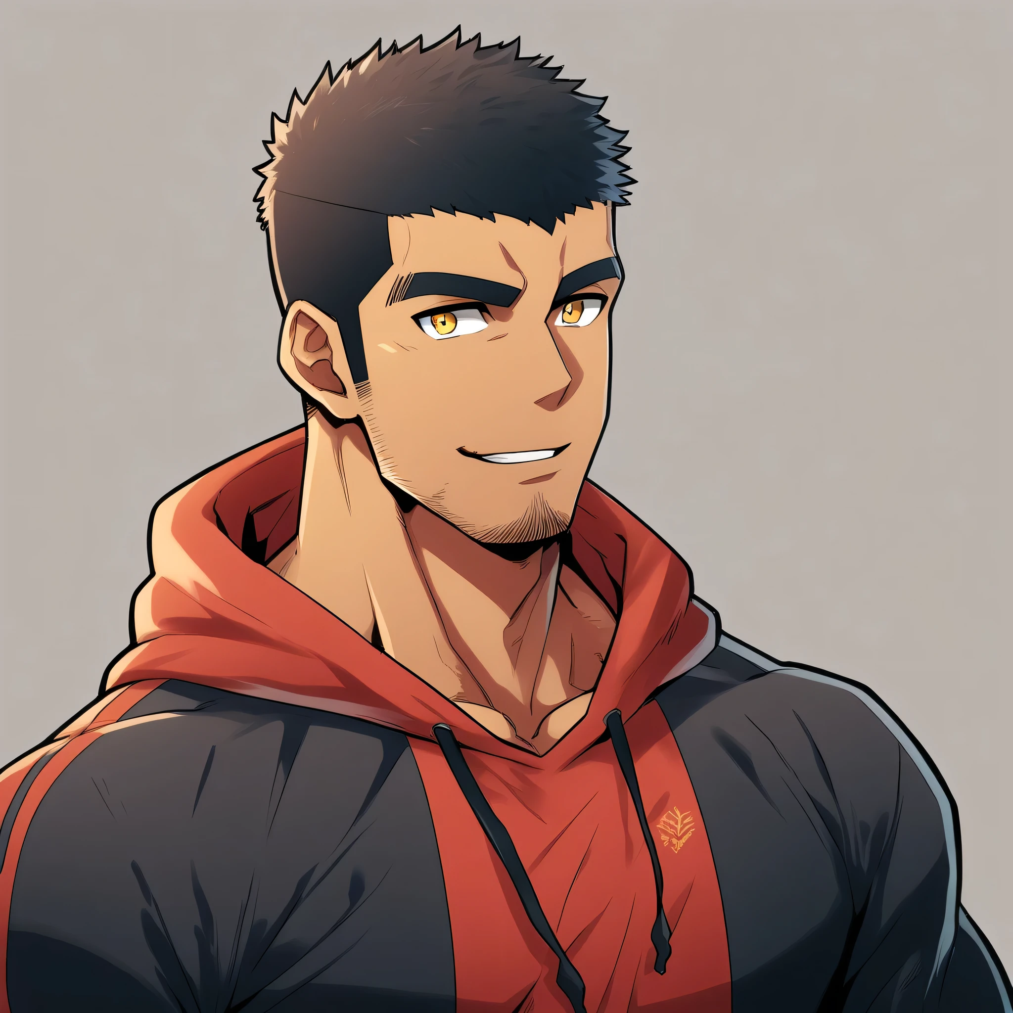 anime characters：Gyee, Young Muscle Sports Teacher, negro black skin, Buzz Cut, Manliness, male focus, Dark red long-sleeved hooded sweatshirt, Very tight, muscular male, muscular, only, Upper body, alone, Black short hair, Thick eyebrows, stubble, Yellow eyes, Grey background, simple background, amazing quality, best aesthetics, Ridiculous, bright pupils, crew cut, parted lips, seductive smile, torogao, naughty face, best quality