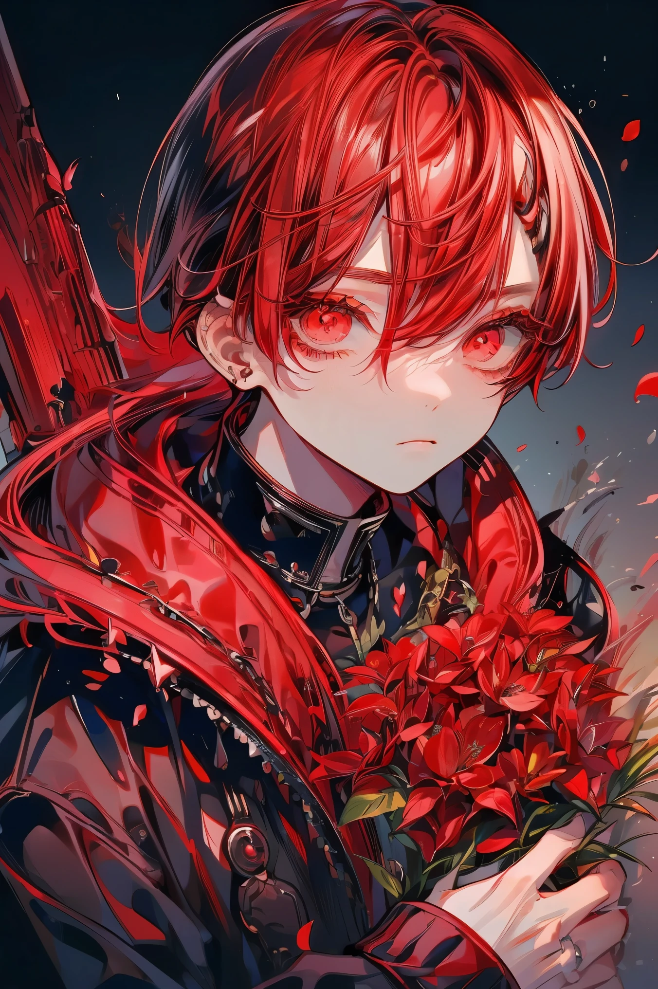 (Mastepiece), (Best Quality), Very detailed, (1 boy:1.5), Solo Shooting, Perfect Face, Beautiful Face, Very detailed顔,(Red hair:1.3),(Big eyes:1.4),(Long eyelashes:1.4)、(Red eyes:1.3)、Lots of flowers