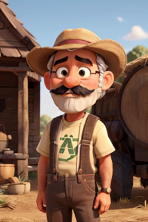 farmer man, with a mustache, Bblack hair , approximately 70 years old, with hat , chadrez t-shirt