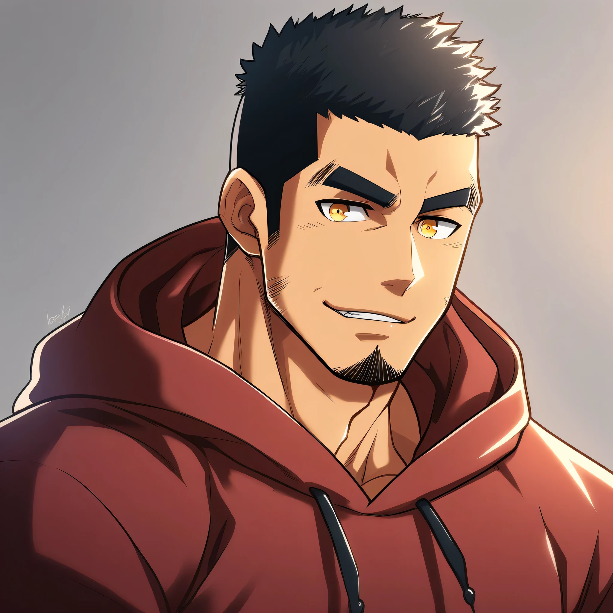 anime characters:Gyee, Young Muscle Sports Teacher, negro black skin, Buzz Cut, Manliness, male focus, Dark red long-sleeved hooded sweatshirt, Very tight, muscular male, muscular, only, Upper body, alone, Black short hair, Thick eyebrows, stubble, Yellow eyes, Grey background, simple background, amazing quality, best aesthetics, Ridiculous, bright pupils, crew cut, parted lips, seductive smile, torogao, naughty face, best quality