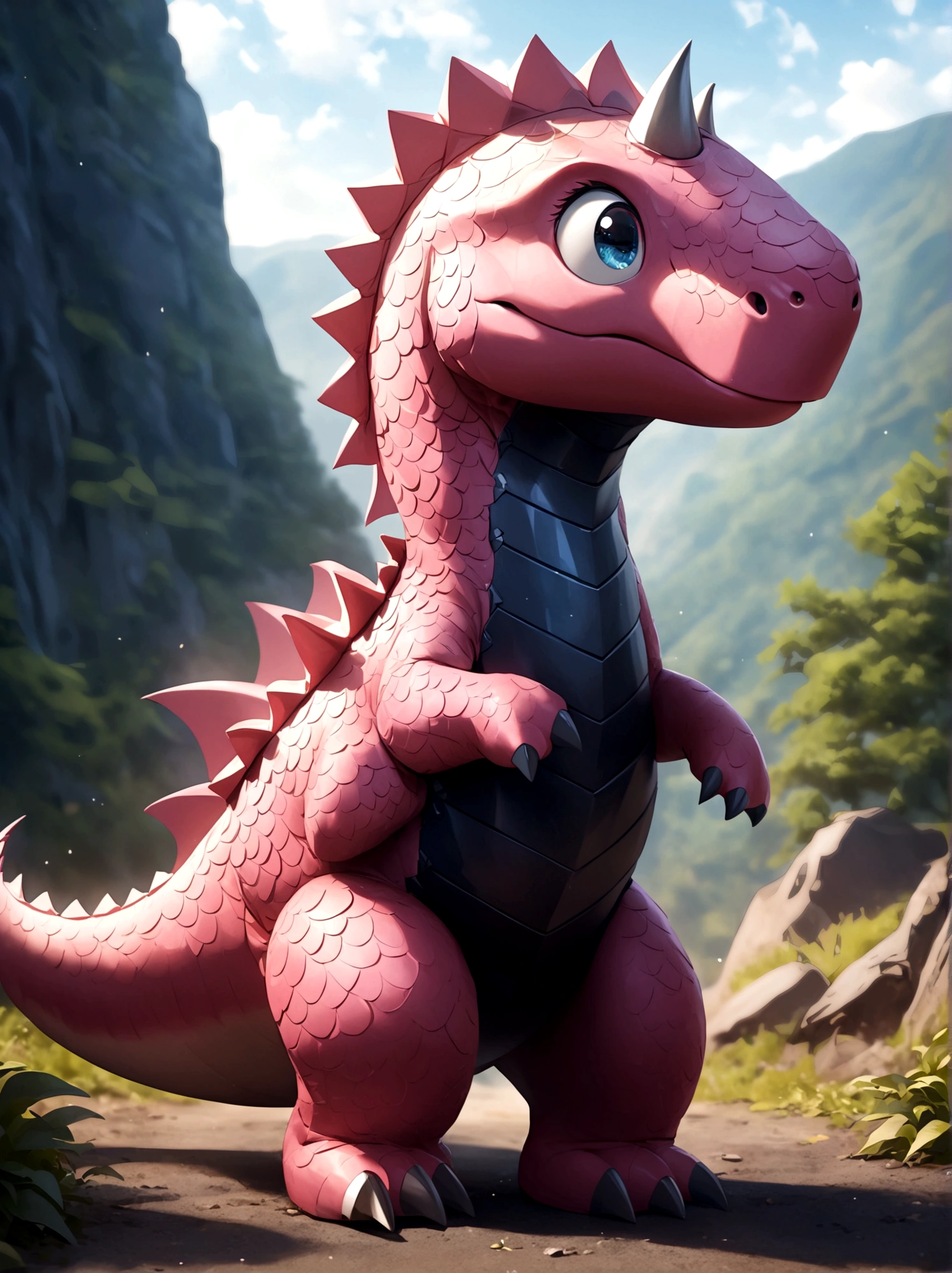 solo, full body, outdoors, blurry, no humans,Pink dinosaur,