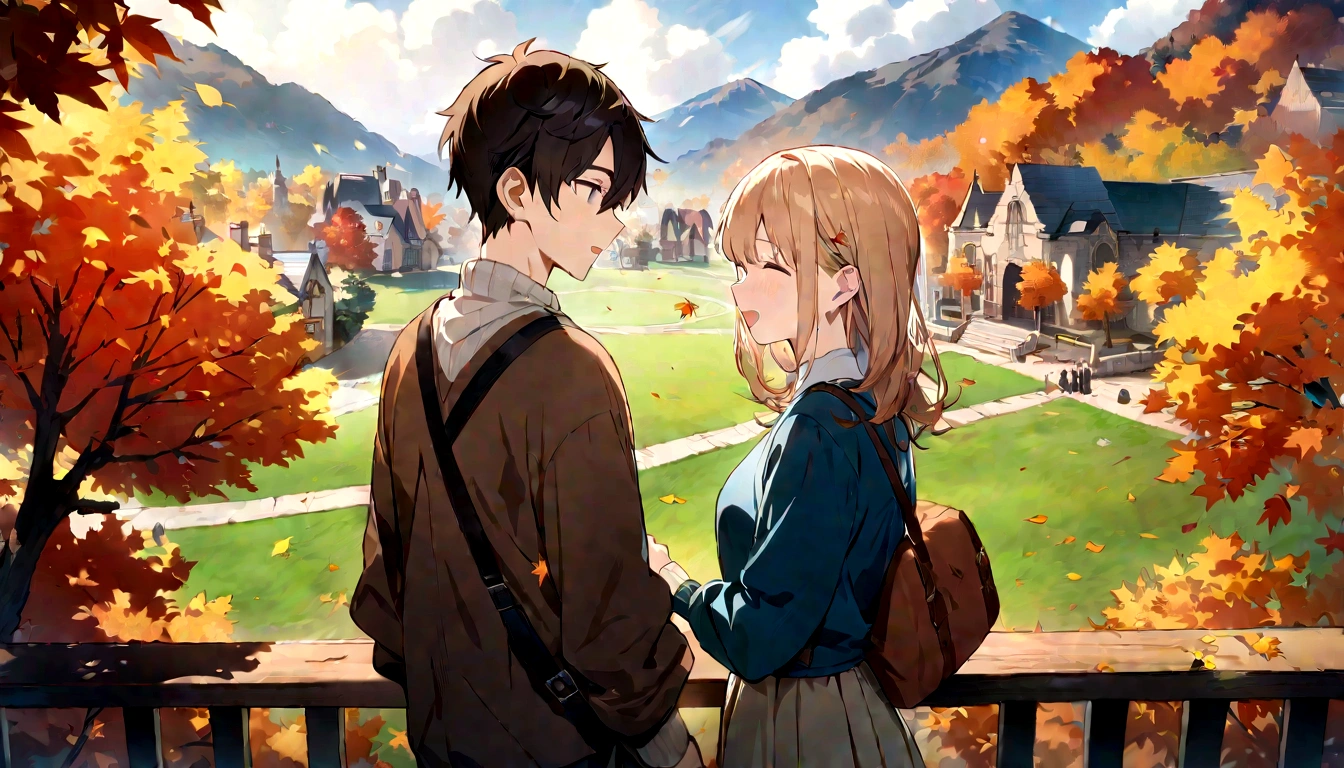 masterpiece, best quality, {{comic}}, {{{{{{2boys}}}}}}, {{{yaoi}}}, day, in autumn, masterpiece,best quality,official art,extremely detailed CG unity 8k wallpaper, student