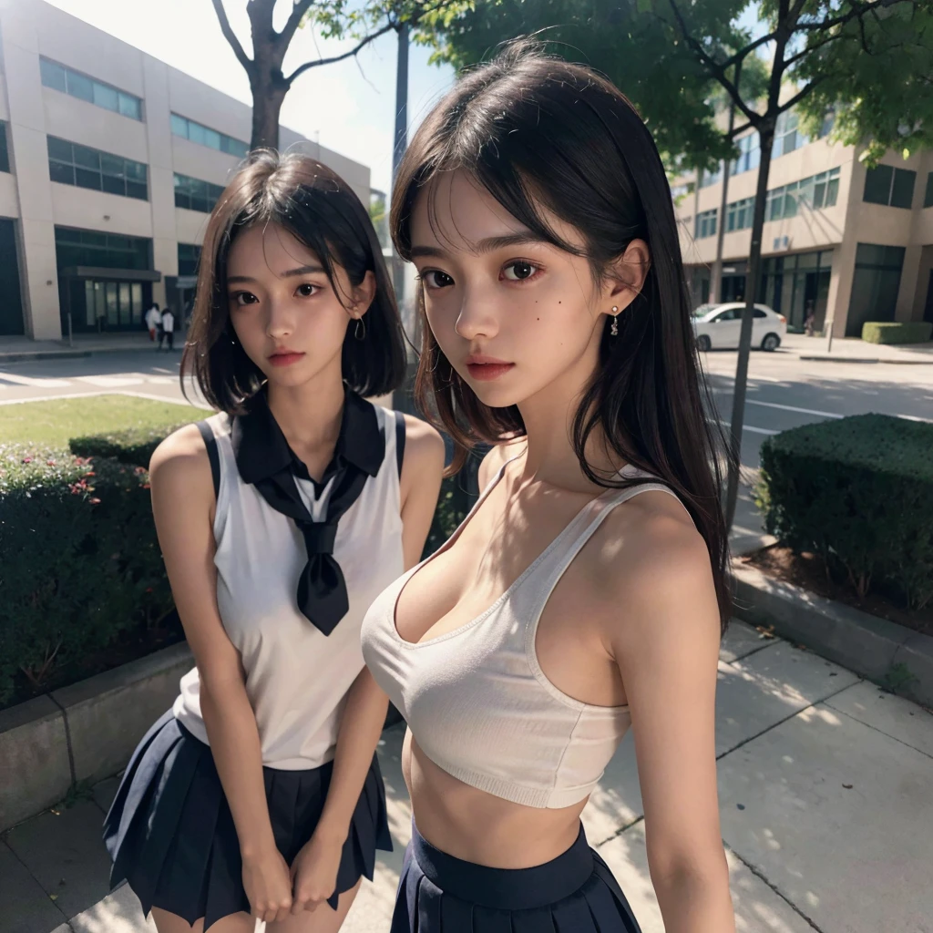 absurdres, RAW photo, extremely delicate and beautiful, masterpiece, Best Quality, ultra high resolution, 16k, hyperrealistic, ultra-detailed, (perfect anatomy), super Detailed skin, perfect figure, Very detailed CG 8k wallpaper, in her 20s, very Slim body, narrow waist, very small head, very small face, delicate facial features, tearful mole, mole on chest, earring, thin legs, (very huge round breasts), ((3 girls)), full body shot, short medium hair, (((school uniform))), sleeveless, outdoor, (from behind),