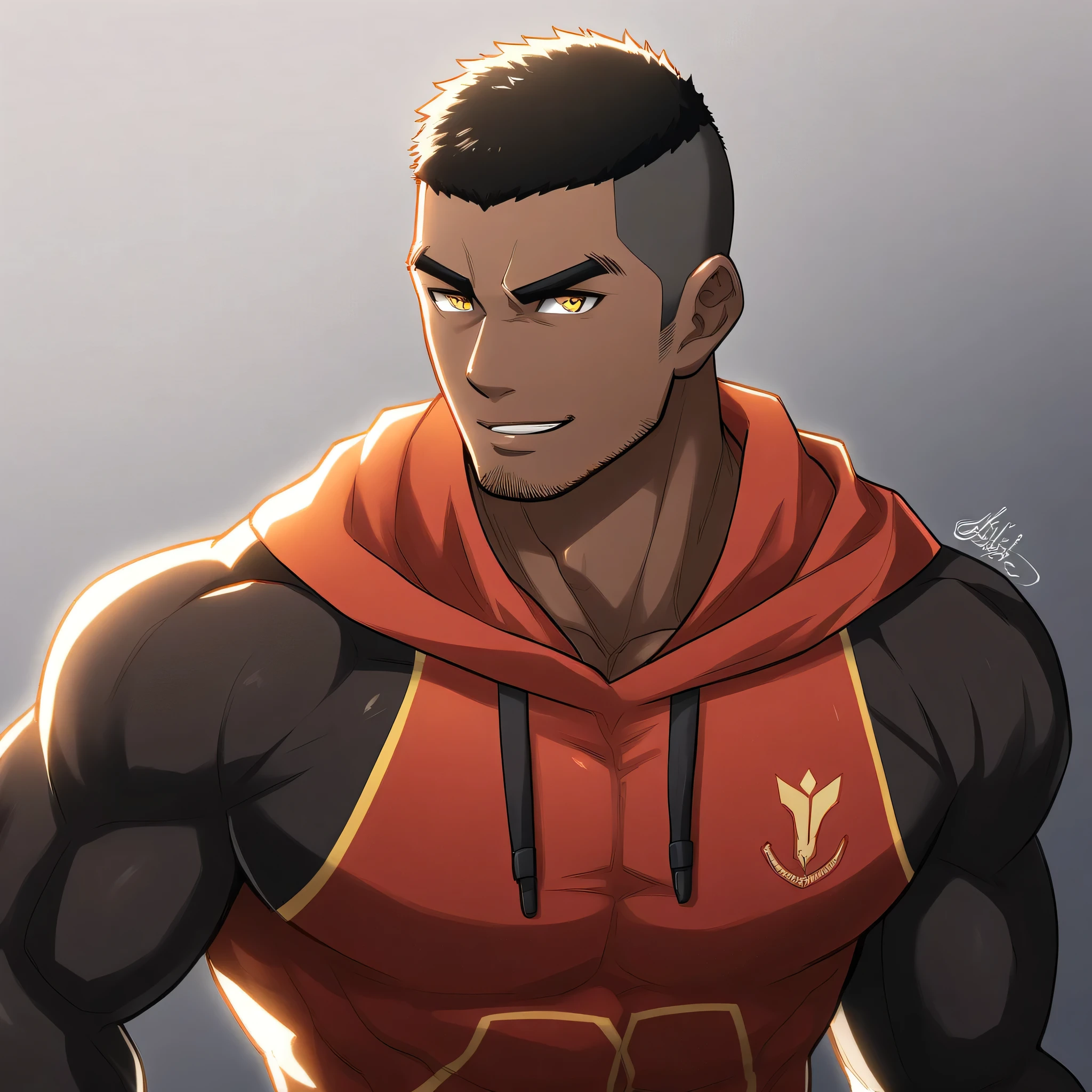 anime characters:Gyee, Young Muscle Sports Teacher, negro black skin, Buzz Cut, Manliness, male focus, Dark red long-sleeved hooded sweatshirt, Very tight, muscular male, muscular, only, Upper body, alone, Black short hair, Thick eyebrows, stubble, Yellow eyes, Grey background, simple background, amazing quality, best aesthetics, Ridiculous, bright pupils, crew cut, parted lips, seductive smile, torogao, naughty face, best quality