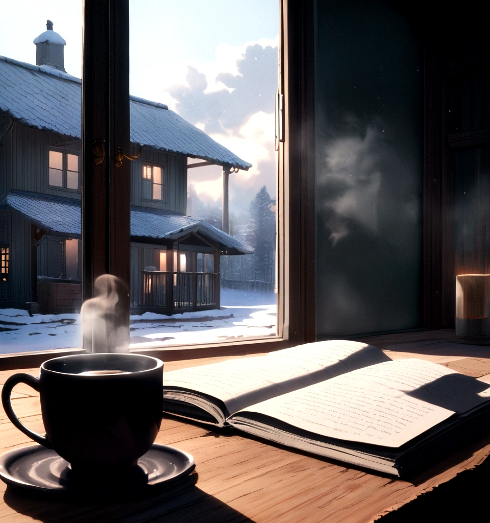 A cup of coffee  on a table inside a house with a window for a cold atmosphere outside, And steam comes out of the mag