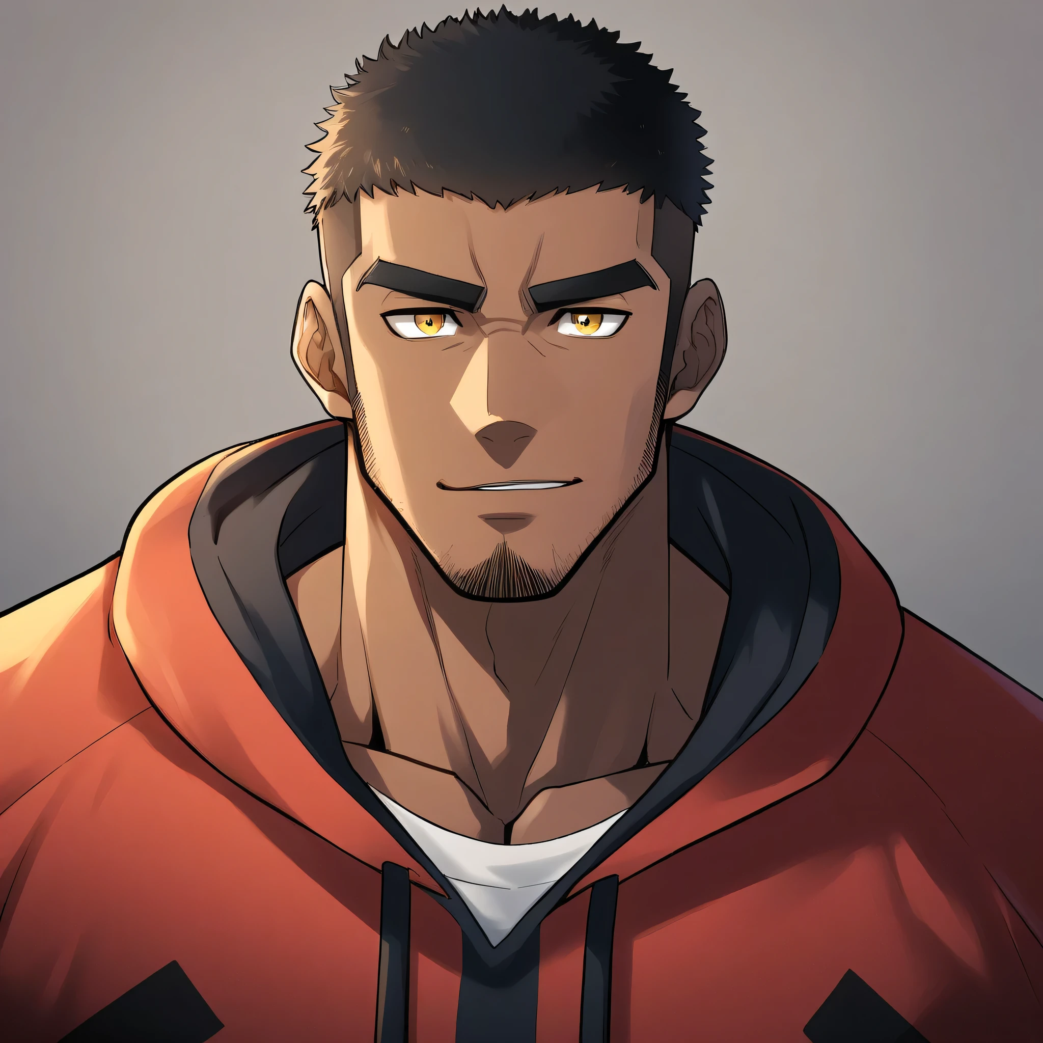 anime characters:Gyee, Young Muscle Sports Teacher, negro black skin, Buzz Cut, Manliness, male focus, Dark red long-sleeved hooded sweatshirt, Very tight, muscular male, muscular, only, Upper body, alone, Black short hair, Thick eyebrows, stubble, Yellow eyes, Grey background, simple background, amazing quality, best aesthetics, Ridiculous, bright pupils, crew cut, parted lips, seductive smile, torogao, naughty face, best quality
