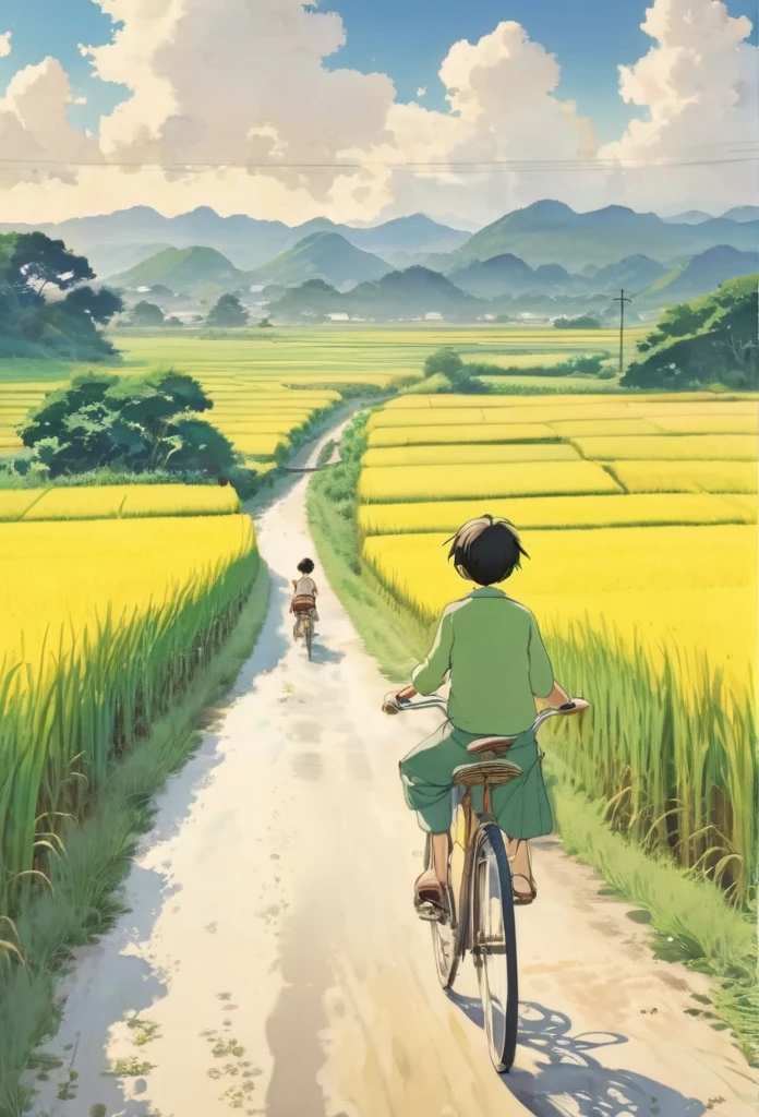 Beautiful illustrations, Endless rice fields, Half yellow、Half Green, Boy Riding a Bicycle, Girl sitting in the back seat，Style: Barnet, Includes 50d movie stills, Rural Scenery, countryside, panoramic,、Real、Paintings by Makoto Shinkai