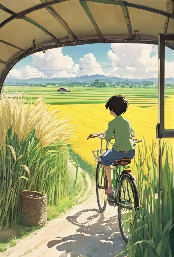 Beautiful illustrations, Endless rice fields, Half yellow、Half Green, Boy Riding a Bicycle, Girl sitting in the back seat，Style: Barnet, Includes 50d movie stills, Rural Scenery, countryside, panoramic,、Real、Paintings by Makoto Shinkai