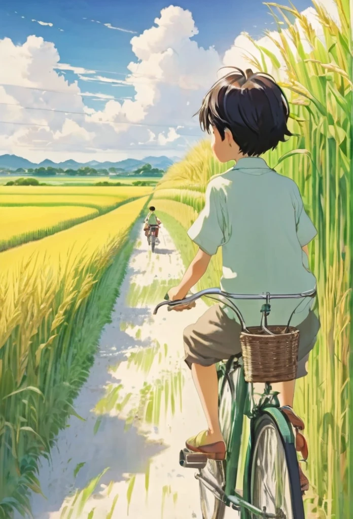 Beautiful illustrations, Endless rice fields, Half yellow、Half Green, Boy Riding a Bicycle, Girl sitting in the back seat，Style: Barnet, Includes 50d movie stills, Rural Scenery, countryside, panoramic,、Real、Paintings by Makoto Shinkai