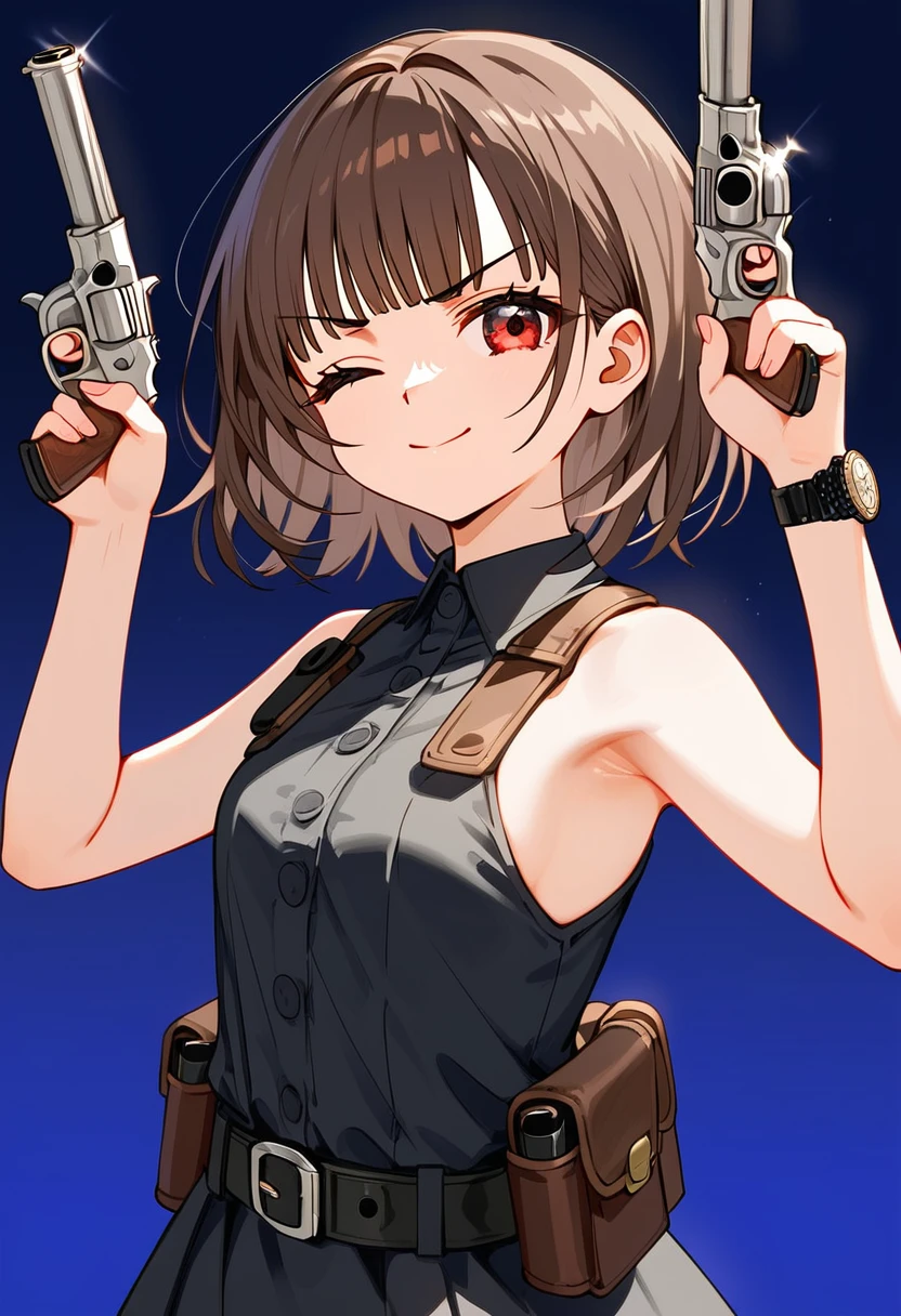 1girl, solo, armpits, belt, black
background, black belt, black dress, blue background, blunt bangs, brown hair, buttons, closed mouth, dress, gun, hand up, handgun, holster, 
holstered, light smile, looking at
viewer, one eye closed, red eyes, 
revolver, short hair, upper body, utility belt, V, V-shaped eyebrows, watch, masterpiece, best quality