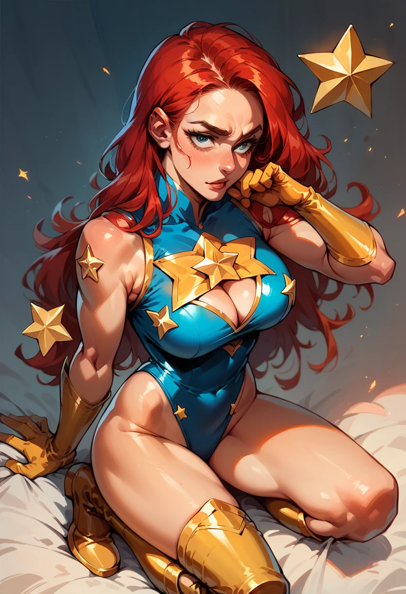 masterpiece,Sexy, Superheroine, Red hair, long hair, busty, ((blue highleg leotard with a t-back thong and a gold star insignia on chest)), gold boots, gold gloves, curvy, ((cleavage cutout)), anime
