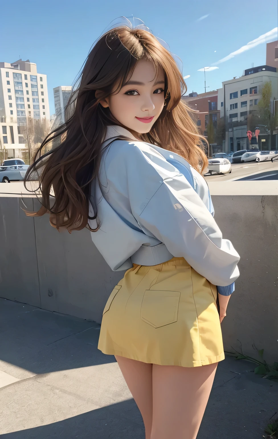 Highest quality、masterpiece、Ultra-high resolution、Photorealistic、RAW Photos、1 Girl、Sexy Looks、Shoulder hair、The lower half is curled and wild.、Cute Smile like a model、frontage、hair color is blonde、Yellow tight mini skirt、Regular high heels、Double Eyes、Applying mascara、Cute pose like a model、Cute face、Gorgeous as a model、Ultimate beauty、Cute Smile、Bright smile、Masseter muscle area、Highest quality、Appropriate clothing for winter、Trendy down jacket、Downtown cityscape、sunny day、photo shoot、Sexy Zone coming soon、Panty butt fully visible、Even if you laugh&#39;Embarrassing、