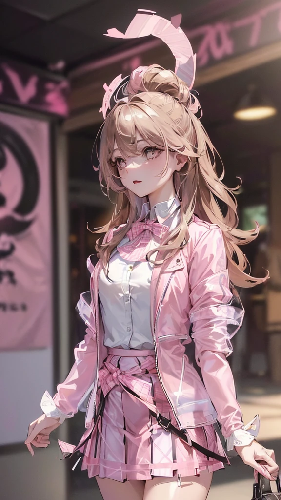 Photograph of the upper body of a beautiful woman, , [see through] ,(pink jacket:1.47),(white shirt:1.47)(Plaid skirt:1.47) (big breasts), (small waist, perfect body), Sharp focus, (tall body, mature woman), ((Looking ahead)), (Highly detailed skin, hair follicles:1.4,white skin) (long brown hair,pink eyes) , (Bright face)
