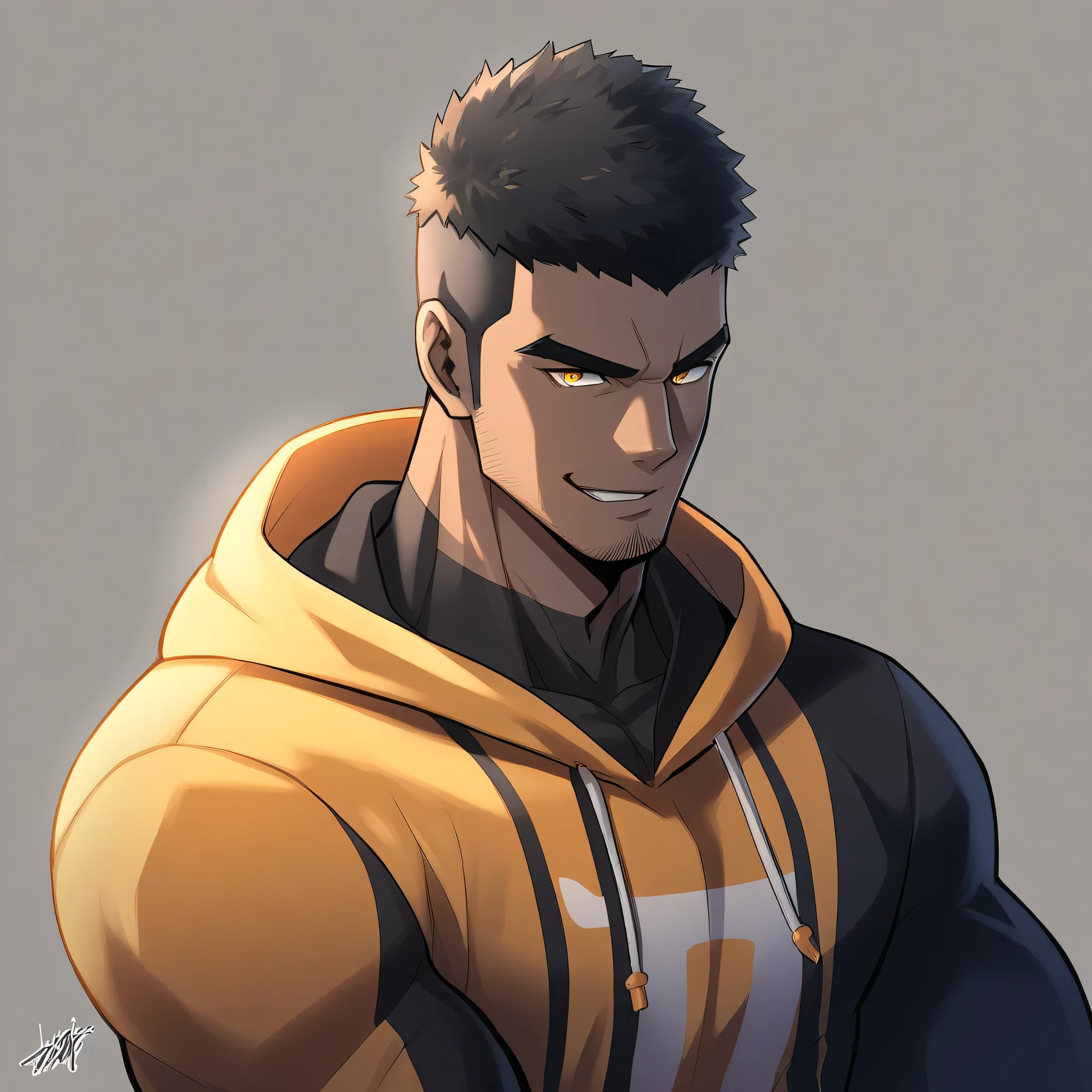 anime characters:Gyee, Young Muscle Sports Teacher, negro black skin, Buzz Cut, Manliness, male focus, Dark red long-sleeved hooded sweatshirt, Very tight, muscular male, muscular, only, Upper body, alone, Black short hair, Thick eyebrows, stubble, Yellow eyes, Grey background, simple background, amazing quality, best aesthetics, Ridiculous, bright pupils, crew cut, parted lips, seductive smile, torogao, naughty face, best quality