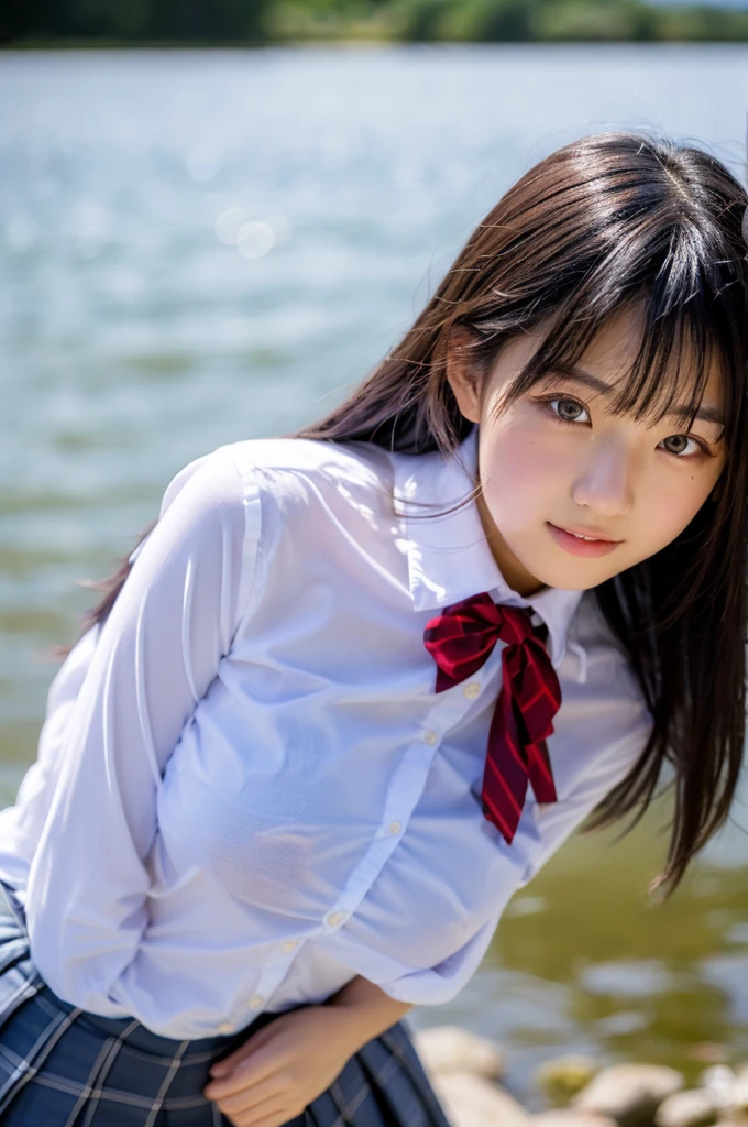 NSFW,Girl playing in the river,high school student,Japanese,((See-through shirt, uniform),, black hair ,no good,medium breast,