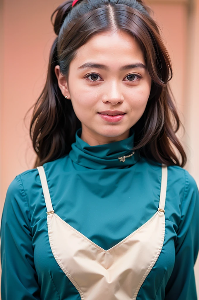 Ultra-high resolution, Superior Quality, highest quality, Very detailed, Realistic, 8k, RAW Photos, highest quality, masterpiece, Attractive girl, Awesome girl, Brown Hair,Wavy Hair、 Shoulder-length layers, Mesh Hair, Japanese Idols, ear piercing、stylish, blouse,smile、Beautiful teeth alignment. green eyes. Contact lens. Chubby cheek.