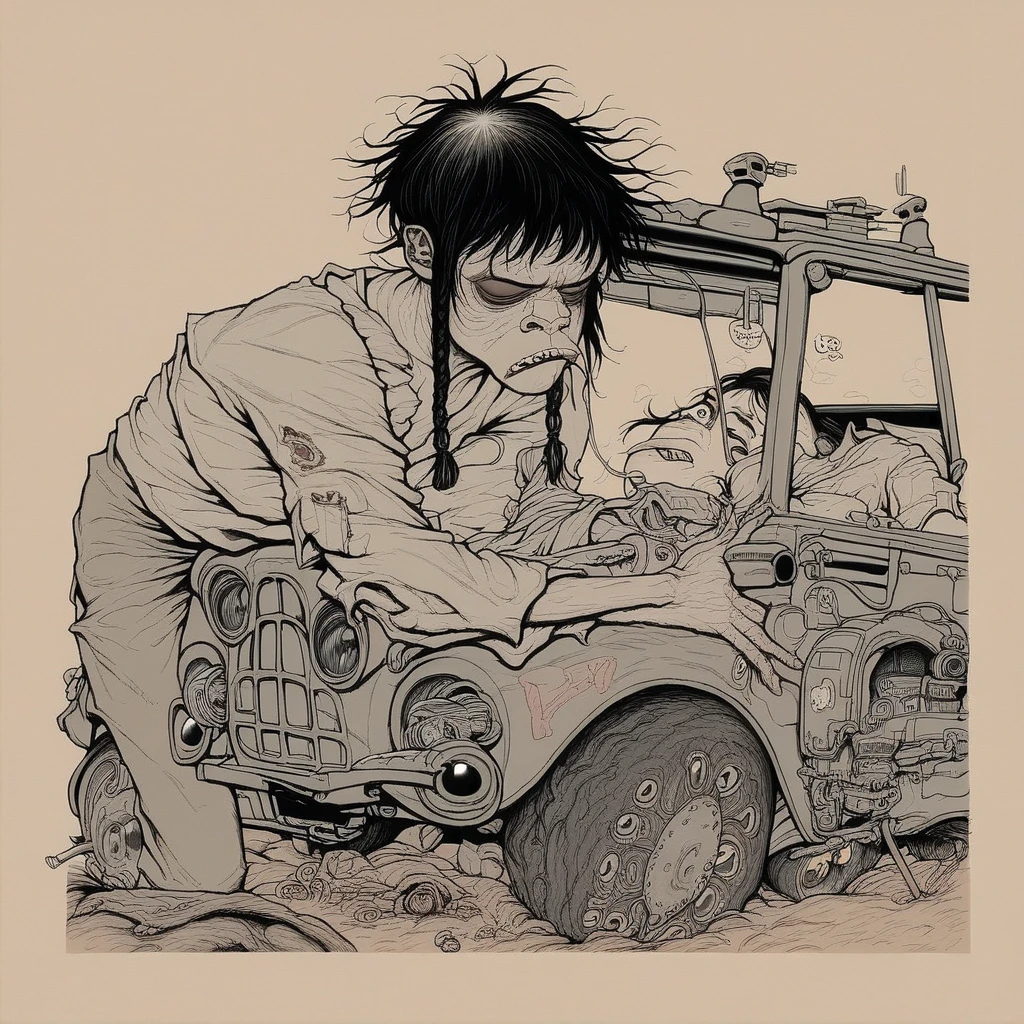 girl similar to gorillaz noodles, braided black hair,(( drawing ))  ((anime girl nose)), shabby clothes, leaning against an old jeep, rusty and modified with parts from other cars, and a machine gun fixed to the jeep's bed, cyberpunk image