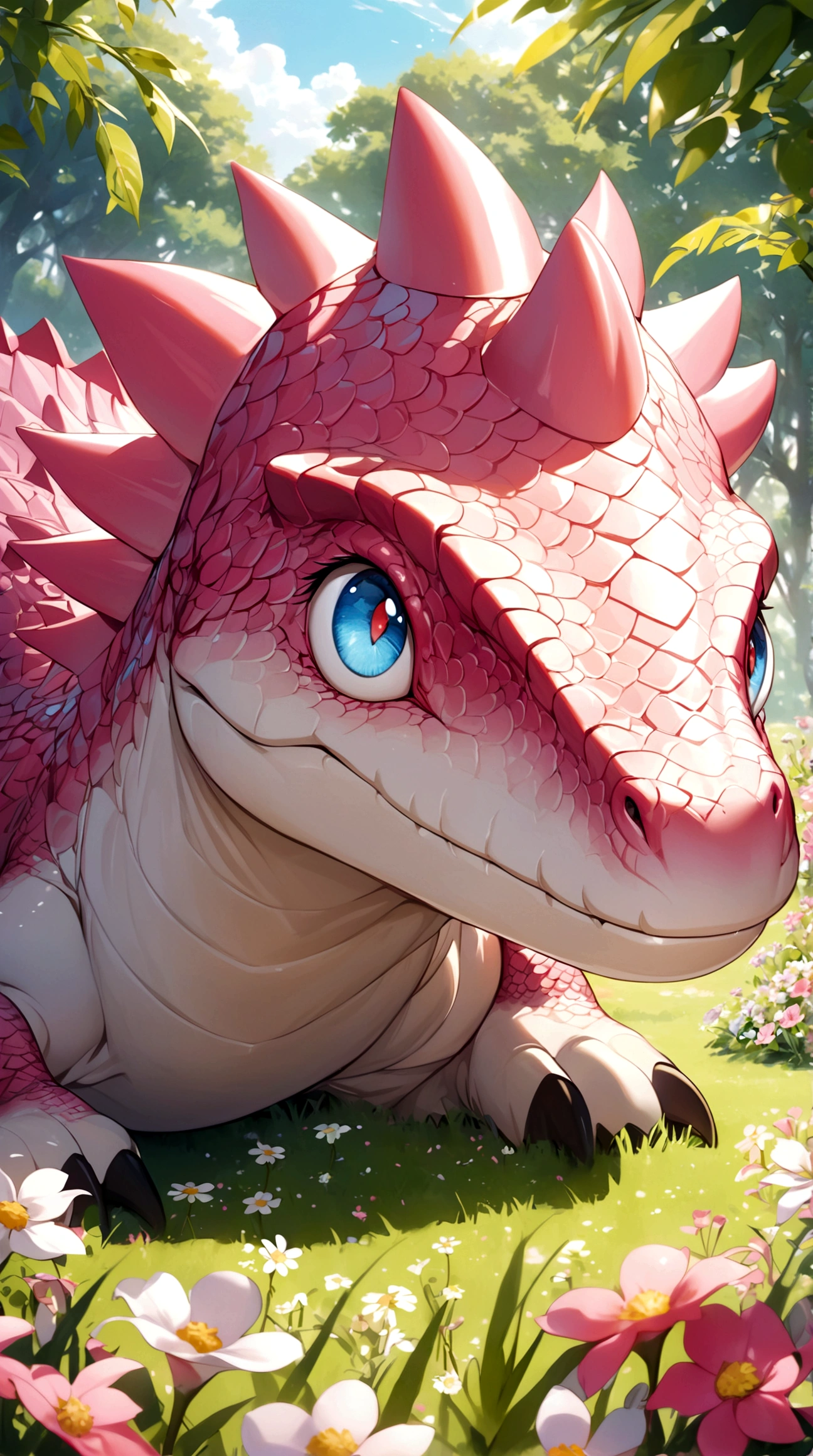 Pink dinosaur, silky smooth dinosaur skin, pink scales, large and bright eyes, gentle gaze, grassy background, sunny day, surrounded by small flowers, dinosaur smiling, dreamlike setting, rich in details, high resolution