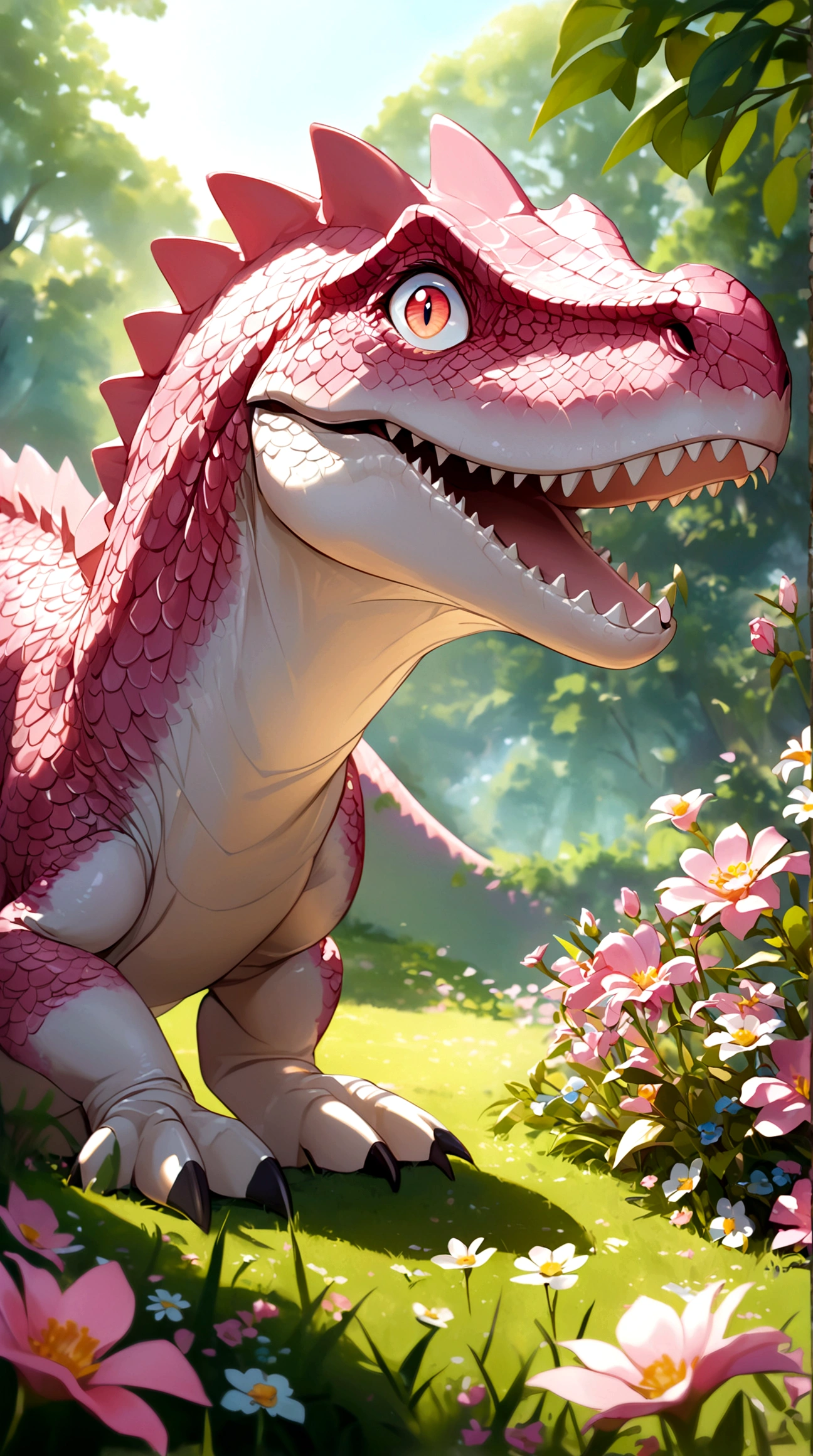 Pink dinosaur, silky smooth dinosaur skin, pink scales, large and bright eyes, gentle gaze, grassy background, sunny day, surrounded by small flowers, dinosaur smiling, dreamlike setting, rich in details, high resolution