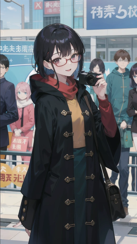Woman wearing glasses holds a camera in front of a crowd, Chew Fang, happiness, Yun Ling, Wen Feiye, Catherine Lam, Xindong Chen, Pengzhen Zhang, Gen C, Lulu Chen, Kamwei Fong, Tomorrow, Tran., Gemma Chen, Meilingzhou, Si Han, Li Zixin, Ren Heng, louise zhang
