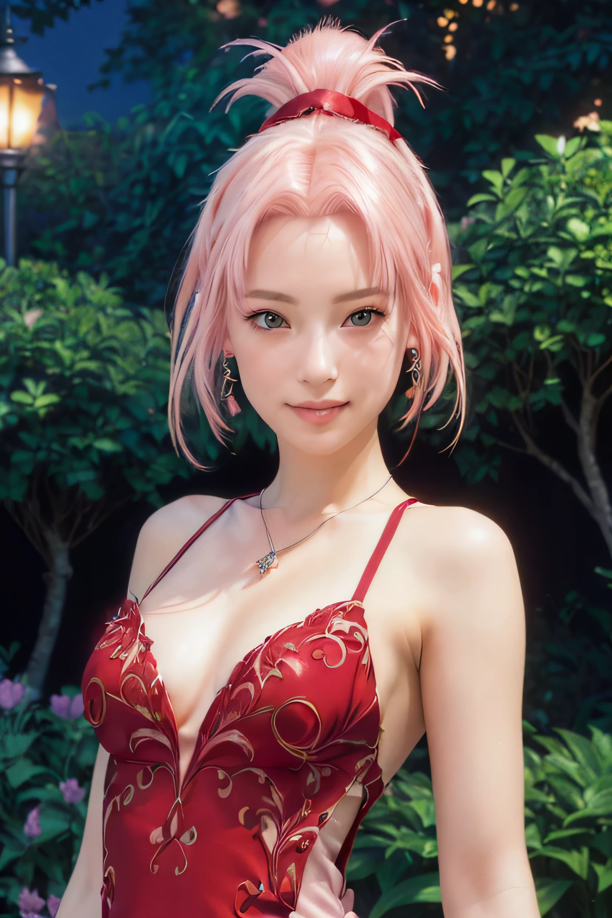masterpiece, best quality, (realistic,photo-realistic:1.4), (RAW photo:1.2), extremely detailed CG unity 8k wallpaper, delicate and beautiful, amazing,finely detail, official art, absurdres, incredibly absurdres, huge filesize, ultra-detailed,extremely detailed eyes and face,light on face,(little smile),(pink hair:1.4),(short hair:1.4),(small breast:1.4),(wearing red dress:1.5),(garden background:1.4),night,(ponytail:1.3),necklance