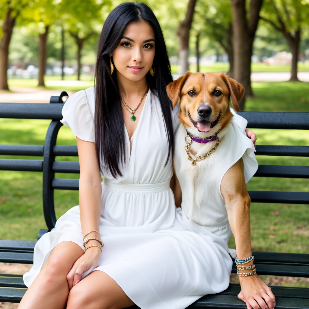 A woman, Natural light, professional, (sitting on a park bench with a dog on top of her leg that matches her beauty), (4k photo: 1.1) (sharp focus: 1.3), High detail, detailed beautiful face, green eyes, with big breasts and big ass, Long black hair, (attractive young woman:1.3), (seductive:1.1), (blush:1.1), Athletic body shape, (A girl with earrings, bracelets and necklace, wearing a white dress)
