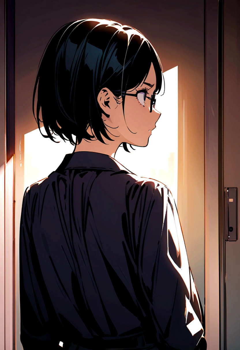 A girl with black short hair(no bangs), wearing glasses,has dark circles under her eyes. (Back facing)