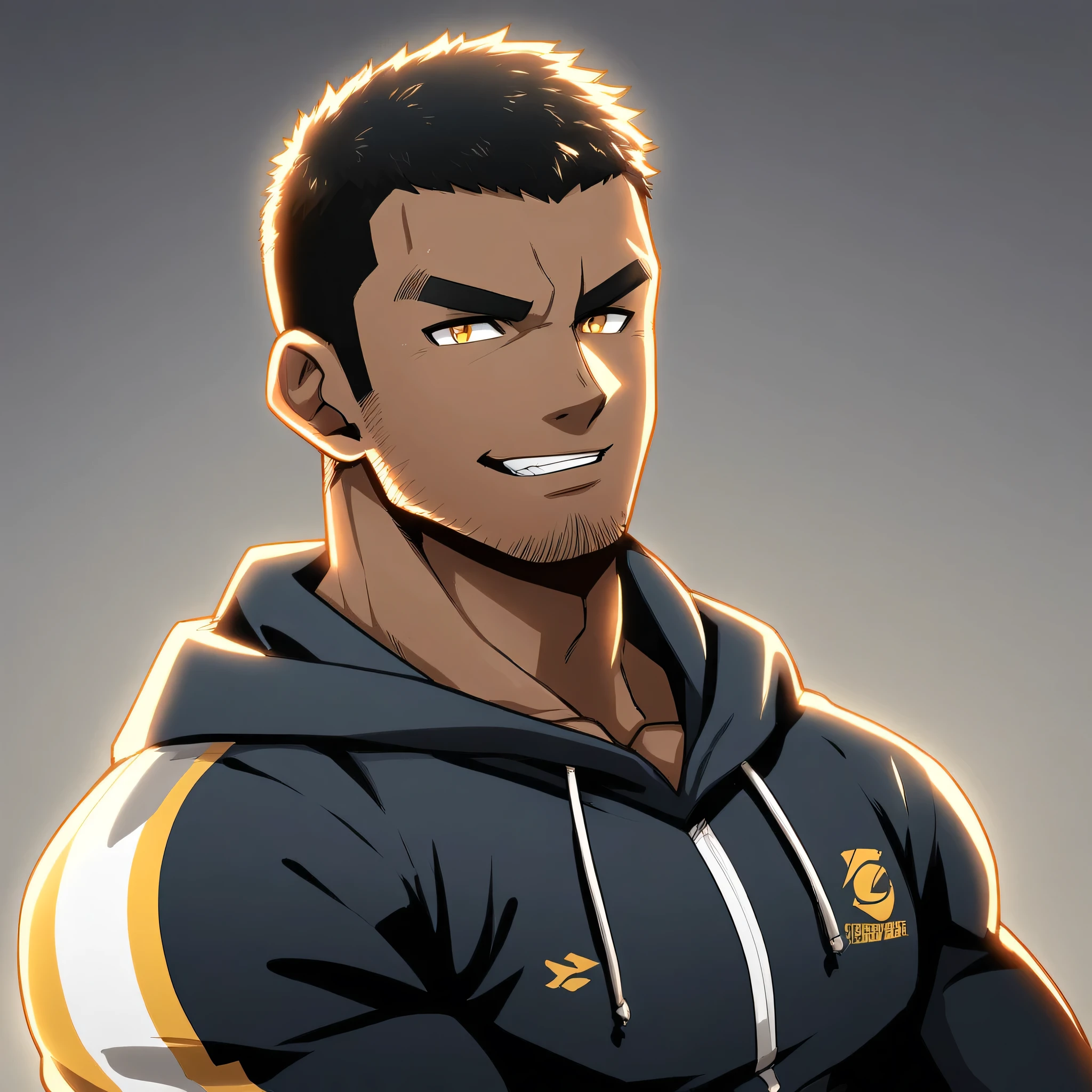 anime characters:Gyee, Young Muscle Sports Teacher, negro black skin, Buzz Cut, Manliness, male focus, Dark red long-sleeved hooded sweatshirt, Very tight, muscular male, muscular, only, Upper body, alone, Black short hair, Thick eyebrows, stubble, Yellow eyes, Grey background, simple background, amazing quality, best aesthetics, Ridiculous, bright pupils, crew cut, parted lips, seductive smile, torogao, naughty face, best quality