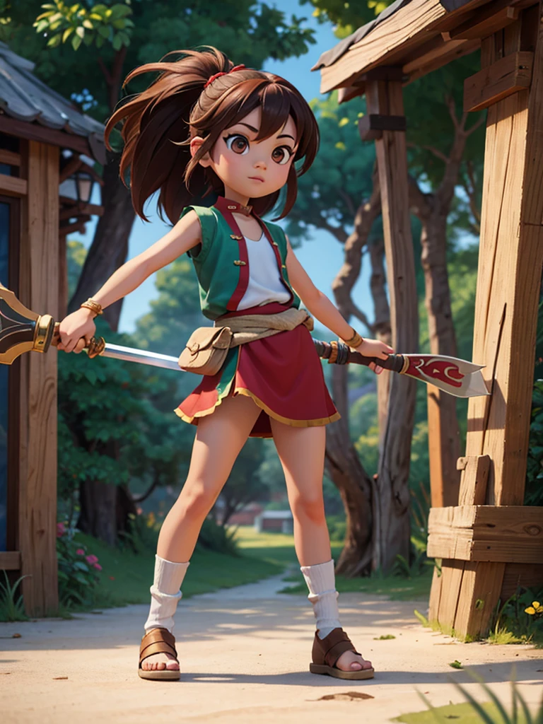 one,8k highly detailed, casual games, 3D art style, full body photo,kungfu,big eyes,brown hair,cute,red kungfu uniform,red decoration,teenage girl,solid color,long hair,brown eyes,sparkle in eyes,Hold a sword,temple,Detailed depiction,8K resolution