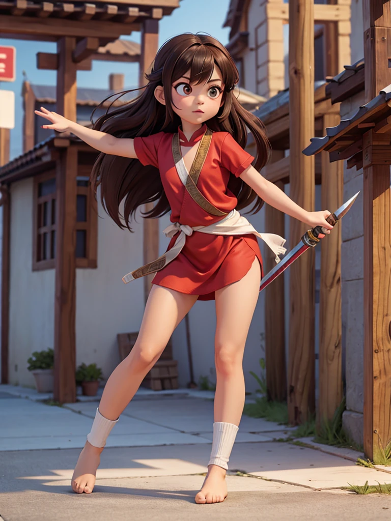 one,8k highly detailed, casual games, 3D art style, full body photo,kungfu,big eyes,brown hair,cute,red kungfu uniform,red decoration,teenage girl,solid color,long hair,brown eyes,sparkle in eyes,Hold a sword,temple,Detailed depiction,8K resolution