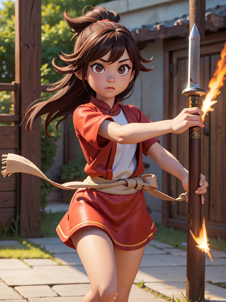 one,8k highly detailed, casual games, 3D art style, full body photo,kungfu,big eyes,brown hair,cute,red kungfu uniform,red decoration,teenage girl,solid color,long hair,brown eyes,sparkle in eyes,Hold a sword,temple,Detailed depiction,8K resolution