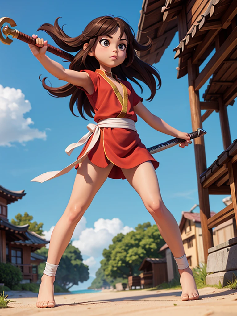 one,8k highly detailed, casual games, 3D art style, full body photo,kungfu,big eyes,brown hair,cute,red kungfu uniform,red decoration,teenage girl,solid color,long hair,brown eyes,sparkle in eyes,Hold a sword,temple,Detailed depiction,8K resolution