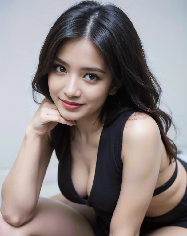 (​masterpiece:1.3), 8K, Photorealsitic, Raw photography, (Top image quality:1.4), asian high school girls, (black long straight hairs:1.2), (cleavage of the breast:0.8), medium shot, Super Detail Face, (sharp focus:1.2), (pretty woman:1.4), top-quality,​ masterpiece, A high resolution, (Photorealsitic:1.4), Highly detailed and professional lighting, wearing any sexy outfit on the top and wearing mini skirt at the bottom, slender, serious facial expression, rules of third, 1 person, pretty eyes, pretty smile, random pose, random angle, medium shot body, flat white background at studio